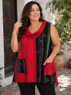 Red Coral Collections Women's XXL Red Black Patchwork Cowl Neck Tunic Sleeveless
